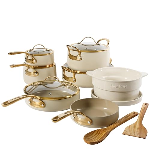 bloomhouse - Oprah's Favorite Things - 15 Piece Pots and Pans Heavy Duty Aluminum Premium PFA Free Ceramic Nonstick Cookware Set - Almond Cream w/Gold Handle