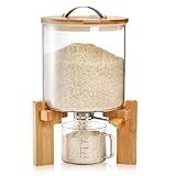 Tlence 5L Glass Rice Dispenser, Cereal Container with Bamboo Stand, Large Airtight Food Storage Bin, Rice Organization Tank with Measuring Cup for Grain Coffee Beans Dry Food