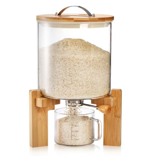 Tlence 5L Glass Rice Dispenser, Cereal Container with Bamboo Stand, Large Airtight Food Storage Bin, Rice Organization Tank with Measuring Cup for Grain Coffee Beans Dry Food