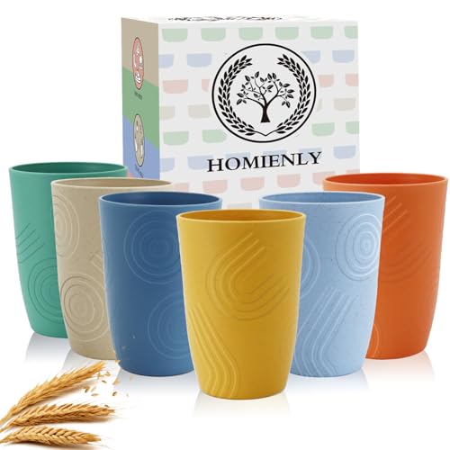 Wheat Straw Cups 6 PCS Plastic Cups Reusable Unbreakable Drinking Cup Dishwasher Safe Water Glasses with Unique Pattern (16 OZ)