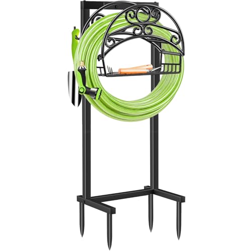 TomCare Garden Hose Holder Upgraded Water Hose Holder with Storage Basket Heavy Duty 4 Spikes Hose Hanger Holds 160 Feet Hoses Stable Freestanding Hose Storage Organizer for Outside Yard