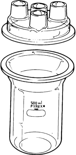 Pyrex 6947-4L Borosilicate Glass Cylindrical Resin Reaction Kettles Flask with Covers, Four-Neck Standard Taper Joints (3x 24/40 and 1x 34/45), 4000ml Capacity (Case of 1)