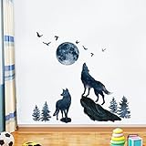 wondever Wolf and Moon Wall Stickers Wolves Mountain Peel and Stick Wall Art Decals for Bedroom Living Room Baby Nursery