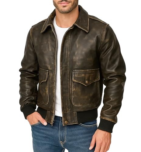 III-Fashions Mens Vintage Aviator US Air A2 Force Cockpit WW2 Flight Pilot Distressed Brown Leather Jacket