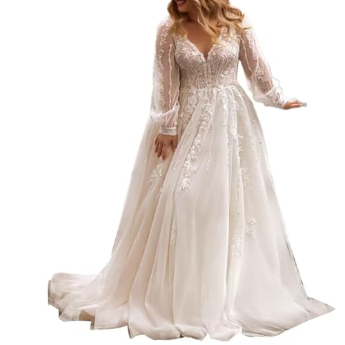 Wirunsy Women's Vintage Lace Wedding Dresses with Applique Sexy V Neck Long Seeve Bridal Gowns for Brides with Train Ivory Plus Size 24W