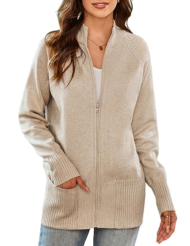 GRACE KARIN Womens Long Sleeve Zip Cardigan for Women with Pockets Stand Collar Zip Up Sweaters Cardigan for Women S Apricot