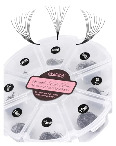 LASHVIEW 1000 Fans 10D Premade Volume Eyelash Extensions Mixed Tray Premade Fans Eyelash Extensions D Curl Premade Lash Fans Pointed Handmade Promade Loose Fans Thin Base (10D-0.07D,8-15mm)