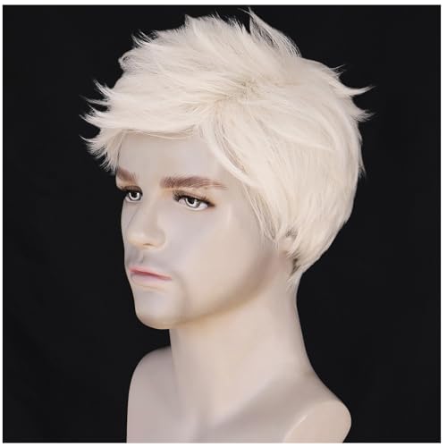 HUNIGIR Mens White Wig Short Layered Male Cream White Wig Straight Heat Resistant Synthetic Hair for Halloween Cosplay Anime Party