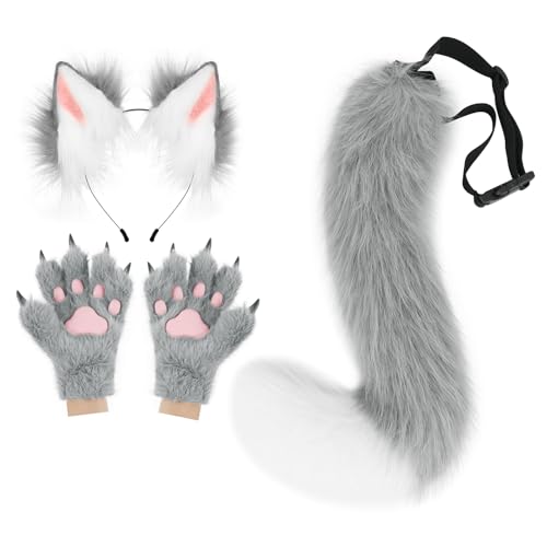 COSYEARS Fox Wolf Ears Headband Furry Tail Plush Cat Paw Mittens Gloves Set Halloween Party Cosplay Costumes Accessories