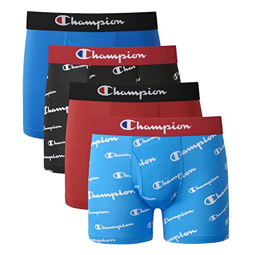Champion Men's Boys' Underwear, Everyday Active Stretch Boxer Briefs, Assorted 4-Pack, Blue/Red/Scripts, X-Large
