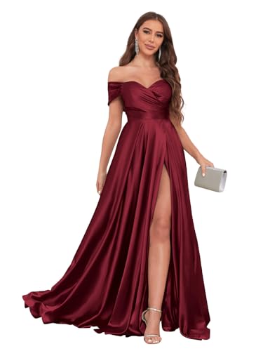 JKMMYO Burgundy Bridesmaid Dresses Long for Women Off The Shoulder Silk Satin Formal Evening Gowns with Slit Size 12