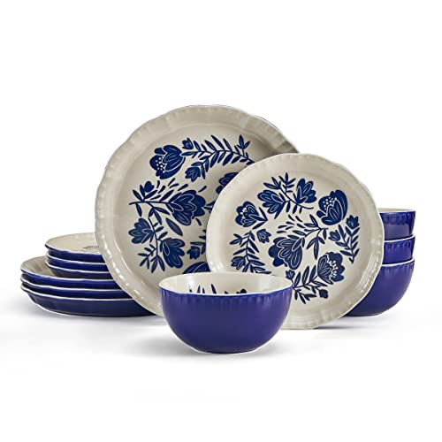Pfaltzgraff Madison 12-Piece Stoneware Dinnerware Set - Organic Coupe Design in Blue & Tan - Includes Plates & Bowls - Microwave & Dishwasher Safe Everyday Tableware, Rustic Farmhouse Décor