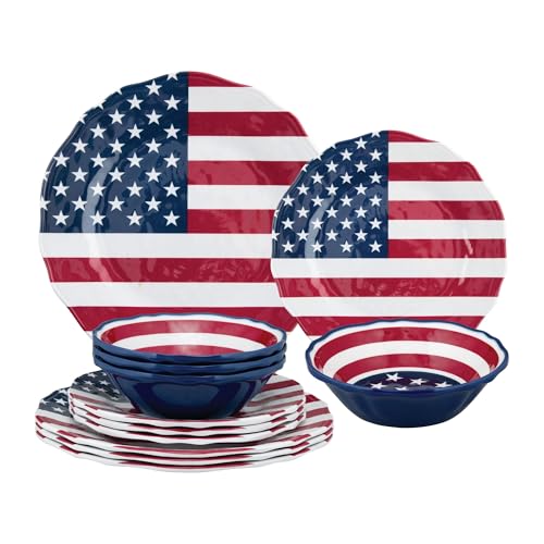 UPware 12-Piece Melamine Dinnerware Set, Includes Dinner Plates, Salad Plates, Bowls, Service for 4 (American Flag)