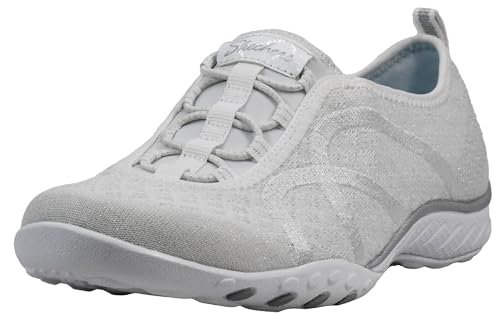 Skechers Women's Relaxed Fit Breathe Easy Fortune-Knit Slip-On Sneaker, White/Silver, 8.5