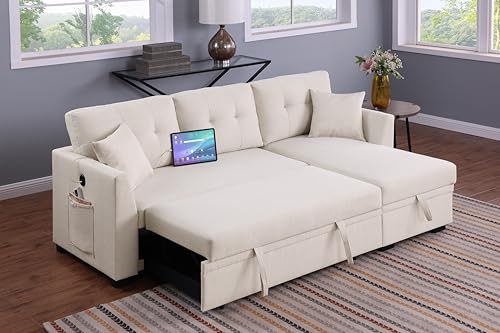 L Shaped Sleeper Sectional Sofa Couch Bed Convertible Pull Out Corner Sofabed w/USB Ports and Reversible Storage Chaise , Tufted Velvet Upholstered Pullout Sofa for Living Room, Apartment, Office