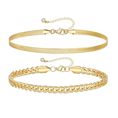 KissYan Gold Layered Ankle Bracelets for Women, Dainty 14k Gold Plated Layering Anklets Set Adjustable Fashion Cuban Link Snake Tennis Chain Ankles Summer Beach Foot Jewelry