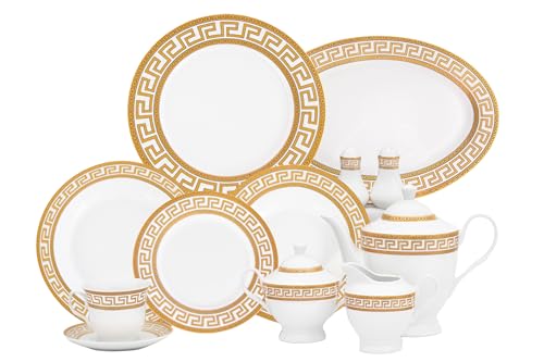 Dinnerware Set in Gold and White Fine Porcelain for Every Day or Formal Occasions, Tableware Setting 57 Pieces Service for 8