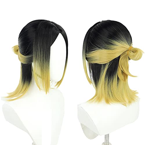 LOKCEE Kenma Kozume Wig Cosplay Adult Ver. Golden Yellow Black Semi-long Hair Wig with Bun Anime Party Halloween Costume with Wig Cap