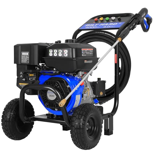 BILT HARD 4000 PSI Gas Pressure Washer, 4.0 GPM Gas Power Washer, 302cc Engine, Triplex Pump, Includes Spray Gun and Wand, Built-in Soap Tank, 5 QC Nozzle Tips, 50 Ft Hose with 3/8" Quick Connect