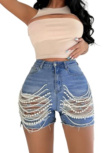 Tbahhir Women’s High Waist Ripped Denim Shorts with Pearls Beading Chain Distressed Bodycon Stretchy Summer Jean Shorts
