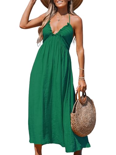 CUPSHE Women's Backless Beach Dress Halter Neck Ruffle Plunge V Neck Sleeveless Maxi Sundress Summer Dresses, Green S