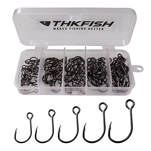 THKFISH 50pcs/Box Inline Single Hooks Replacement Fishing Hooks for Lures Baits Inline Circle Hooks Large Eye with Barbed Saltwater Freshwater #2#1 1/0 2/0 3/0 Black
