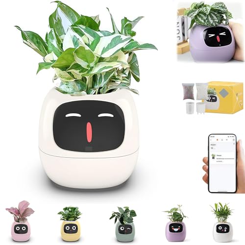 Sproutly-Smart Ai Plant Pot, Ai Plant Pot with Face, Ai Pot Planter, Ai Plant Pot for Plants for Indoor Decoration with Time Temperature Display and Numerous Expressive Animations (White)