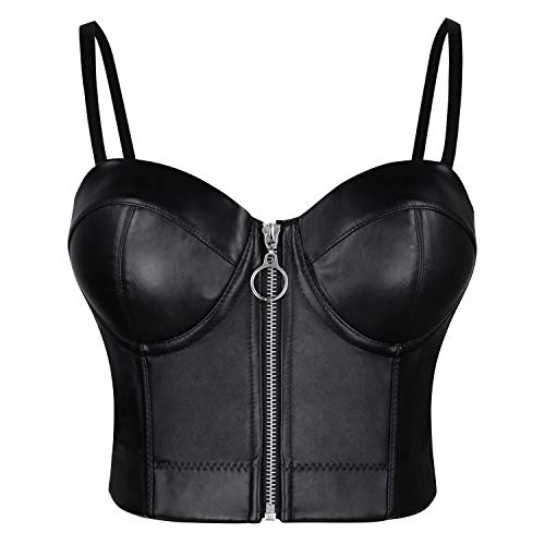 Charmian Women's Spaghetti Straps Gothic PU Leather Corset Bustier Front Zipper Crop Top Bra Black Small