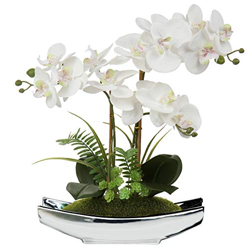 Briful Orchids Artificial Flowers 15" White Phalaenopsis Orchid with Silver Pots Real Touch Faux Orchid Plant for Home Office Living Room Table Decoration
