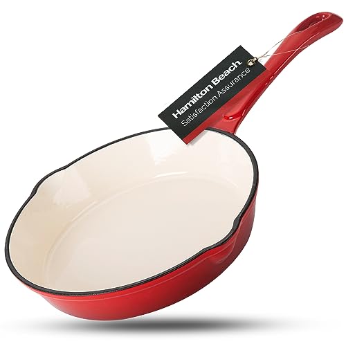 Hamilton Beach Enameled Cast Iron Fry Pan 10-Inch Red, Cream Enamel coating, Skillet Pan For Stove top and Oven, Even Heat Distribution, Safe Up to 400 Degrees, Durable