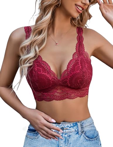 Avidlove Lace Bralettes Womens Triangle Plunge Wireless Bras Camisole Tops Cami Strappy Sexy Soft (Red,XL)