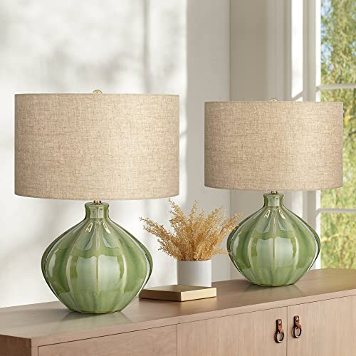 360 Lighting Gordy Mid Century Modern Accent Table Lamps 20 1/2" Tall Set of 2 Green Ribbed Ceramic Oatmeal Fabric Drum Shade for Bedroom Living Family Room Bedside Nightstand House Home