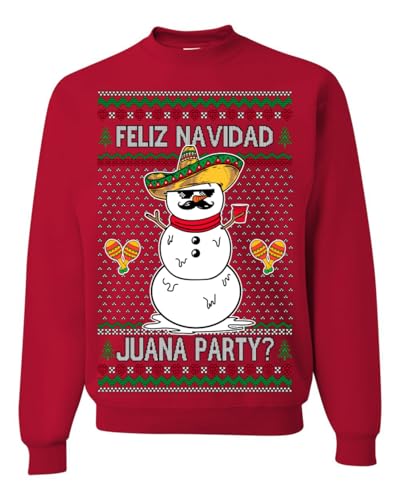 Wild Bobby Feliz Navidad Juana Party? Funny Spanish Drinking Sueter Cerveza Ropa en Espanol Ugly Christmas Sweater Unisex Crewneck Sweatshirt, Red, X-Large