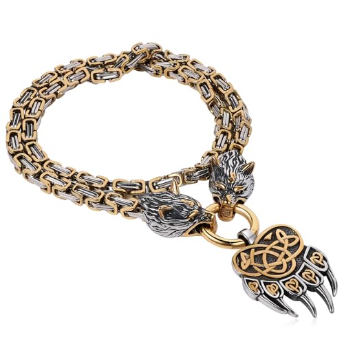 OIDEA Viking Necklace for Men: Vintage Viking Bear Claw Pendant with Wolf Head King Chain Stainless Steel Nordic Pagan Amulet Jewelry Gifts, Gold, 24'' Chain