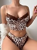 SHENHE Women's Leopard Print Lingerie 2 Piece Set Lace Trim Chain Bra and Panty Set Brown Medium