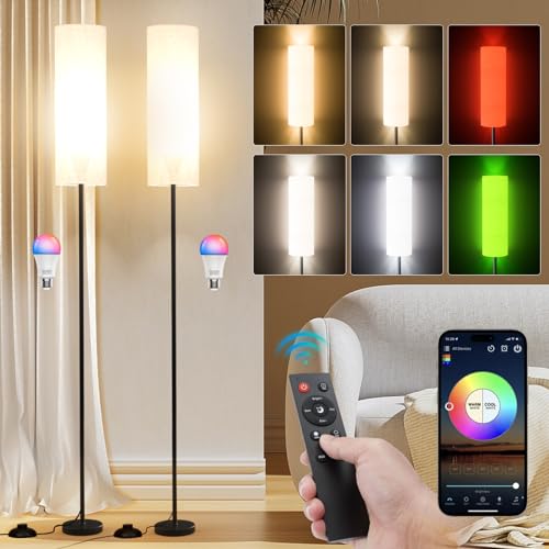 Frideko 2 Pack Floor Lamps for Living Room, Dimmable Colors Temperature & Brightness, Modern Floor Lamp with Remote, Tall Standing Lamps for Living Room Bedroom Office, Beige Shade 9W RGB Bulb