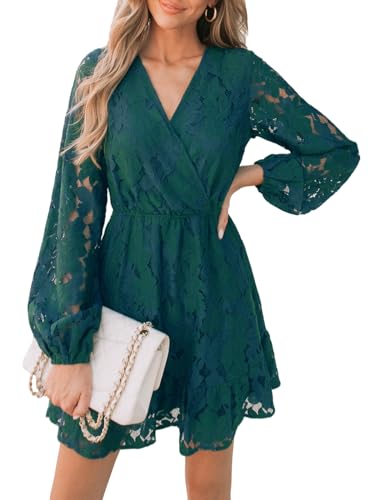 CUPSHE Women Elegant V Neck Lace Peasant Sleeves High Waist A-Lined Wedding Mini Dress Hunter Green, M