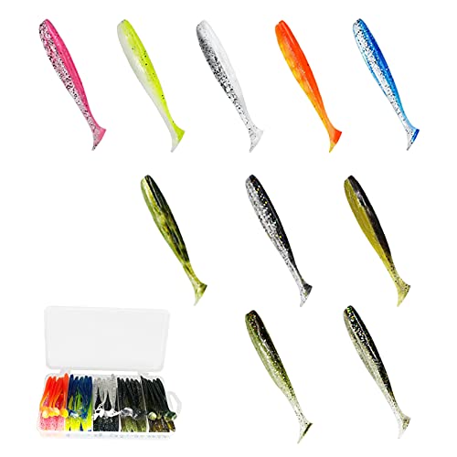 Lanmoon 100pcs Paddle Tail Swimbaits Lures, Soft Plastic Fishing Lures Kit, 2.75" Bass Fishing Bait for Freshwater and Saltwater with Box