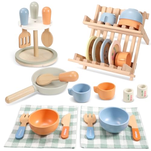 Pithfor Wooden Play Cookware Set, Pretend Play Kitchen Accessories Toys Set for Kids Toddlers, Including Play Dishes, Pan, Tableware, Utensils
