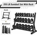 350 Rubber Hex Dumbbell Sets with Rack for Home Gym, Coated Hand Weights for Strength Training, Workouts