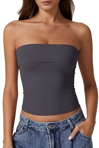 QINSEN Tube Tops for Women Foldover Summer Double Lined Basic Strapless Bandeau Crop Tops Dark Grey XL