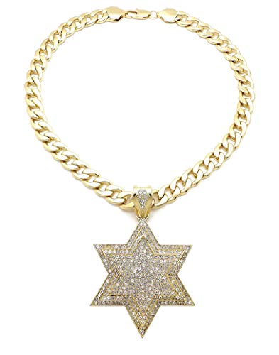 SJ ICED Out 6-Point Star Pendant & 11mm/20 Cuban Chain Hip HOP Necklace RC3407 (Gold)