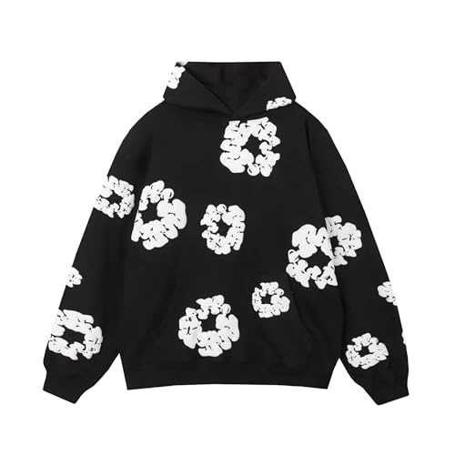 PLAYPUNK Men Flower Puff Print Hoodie Oversized Graphic Vintage Y2K Hoodies for Women Pullover Harajuku Gothic Streetwear (L, Black)