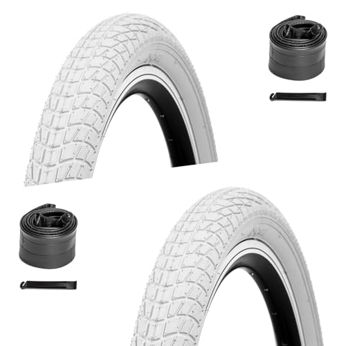 WHEELO 2-Pack 20 inch Kids Bike Tire, 20x2.125 BMX Bike Tires Folding Replacement Tires with 20 inch Inner Tube Schrader Valve and 2 Levers, Compatible with BMX Bike and Kid Bike - White