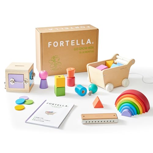 Fortella Montessori Toys for 1 Year Old, 6-in-1 Wooden Learning Educational Box Set with Latches Box, Pull Along Trolley, Nuts and Bolts, Harmonica, Rainbow Stacker, Developmental Toy Baby Gift