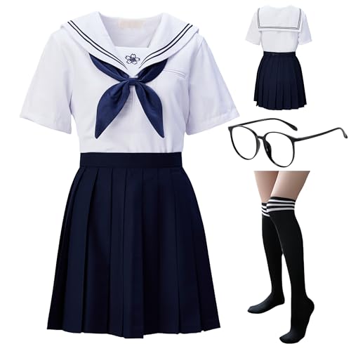 BUITVOZE Japanese school Girls Sailor Dress Shirts Uniform Anime Cosplay Costumes uniformwith socks eyeglass frame set,classic white, cosplay photography, Outfit JK, Sakura Print, Long Sleeve（XL）