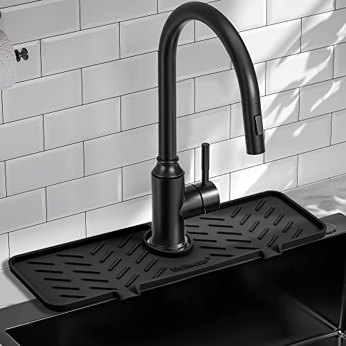Meiliweser Silicone Faucet Mat for Kitchen Sink – Gen 2 Splash Guard with Upgraded Outlet & Slope – 18” x 5.1” Water Catcher & Sink Sponge Holder for Kitchen and Bathroom (Black)