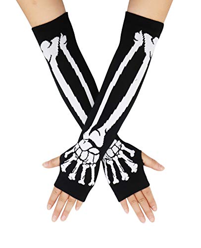 Bienvenu Long Punk Gothic Rock Arm Warmer Skeleton Fingerless Gloves Mittens,White_Long