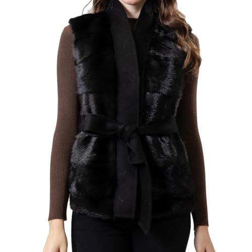 LVCOMEFF Women Genuine Mink Fur Wool Vest with Belt Classic Premium Sleeveless Waistcoat Jacket (black,XX-Large)