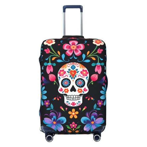 keluki Mexican Sugar Skulls Flowers Design Elastic Luggage Cover Protector Anti-Scratch Travel Essentials Suitcase Case Fits Size L for 25-28 inch Luggage